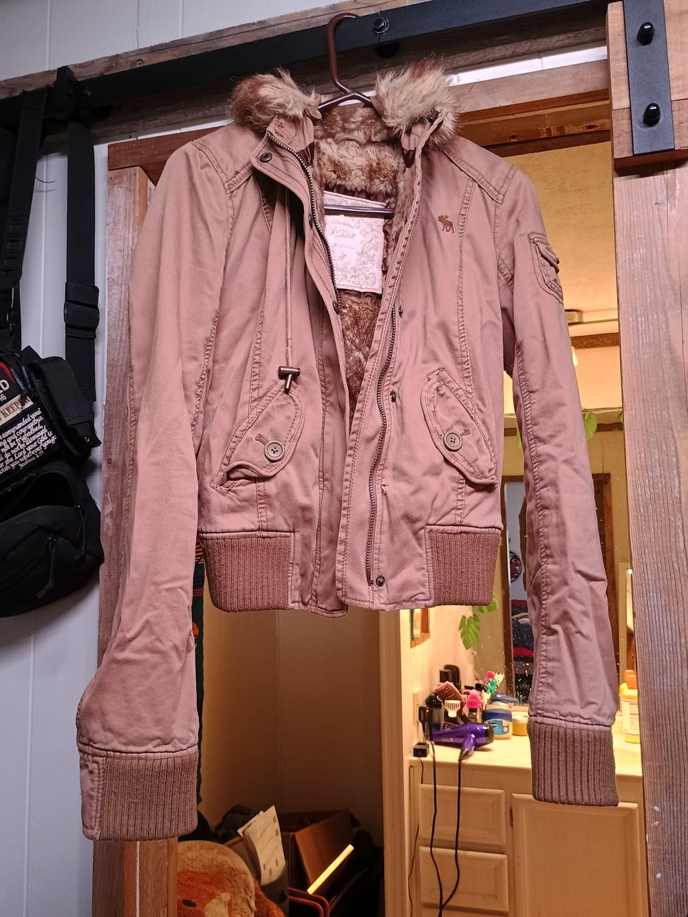 Abercrombie Women’s Faux-Fur Trim Tan Bomber Jacket